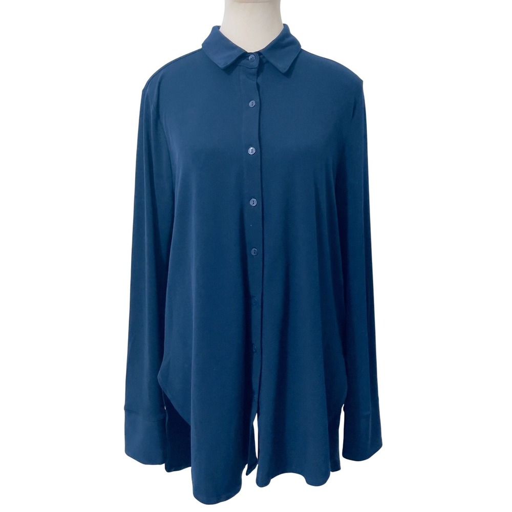 Joan‎ Vass Womens Navy Blue Long Sleeve Button Down Tunic Shirt Size M